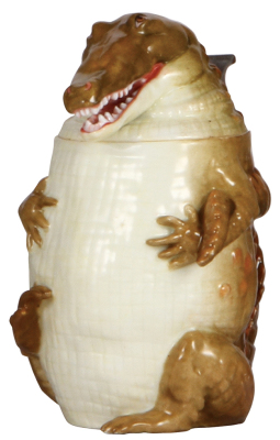 Character stein, .5L, porcelain, marked Musterschutz, by Schierholz, Alligator, excellent repair of small chip on toe.