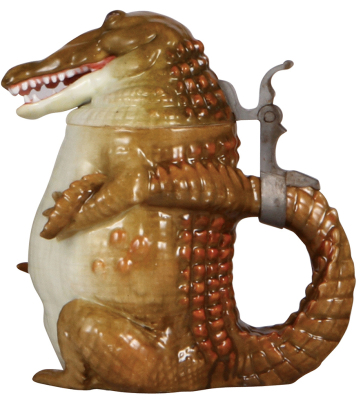 Character stein, .5L, porcelain, marked Musterschutz, by Schierholz, Alligator, excellent repair of small chip on toe. - 2