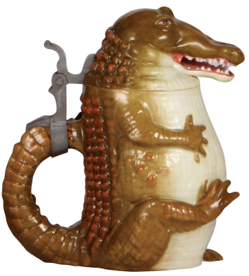 Character stein, .5L, porcelain, marked Musterschutz, by Schierholz, Alligator, excellent repair of small chip on toe. - 3