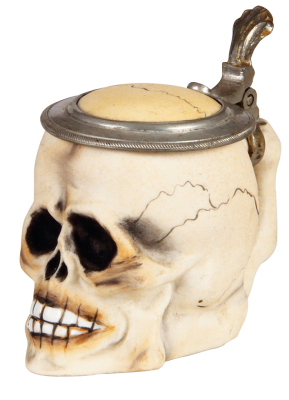 Character stein, 1/16L, 3.0"ht., porcelain, by E. Bohne & Söhne, Skull, rare size, mint.