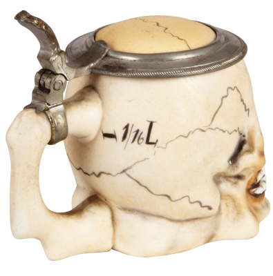 Character stein, 1/16L, 3.0"ht., porcelain, by E. Bohne & Söhne, Skull, rare size, mint. - 2