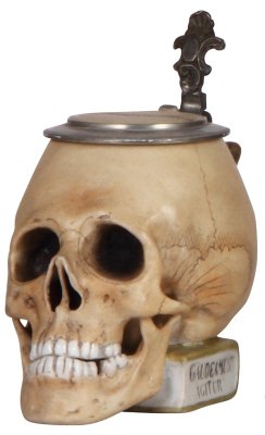 Character stein, .3L, porcelain, by E. Bohne & Söhne, Skull on Book, excellent inlaid lid repair, otherwise mint.