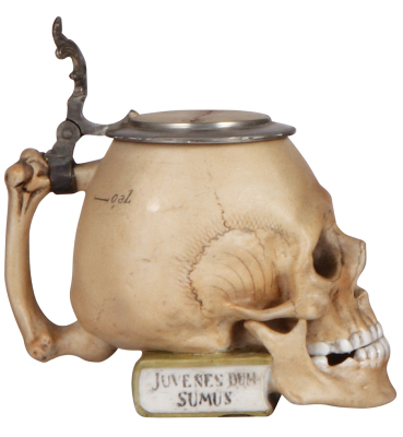 Character stein, .3L, porcelain, by E. Bohne & Söhne, Skull on Book, excellent inlaid lid repair, otherwise mint. - 3