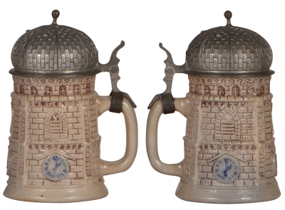 Two Character steins, .25L, stoneware, unmarked, blue & purple saltglazes, Frauenkirche, mint; with, .5L, pottery, Monk, mint - 2