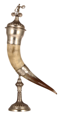 Drinking horn, 24.0" ht., silver-plated mounts, Bicycle rider finial, engraved: III. Preis. im Reigenfahren gestiftet vom Bezirk Auerbach d. 5. R.B. silver-plating is worn, otherwise good condition.