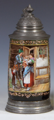 Glass stein, .5L, blown, amber, hand-painted, pewter lid, mint.