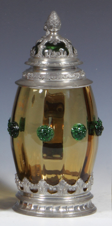 Glass stein, .5L, blown, amber, green prunts, pewter lid, matching glass inlaid lid, pewter base, mint.