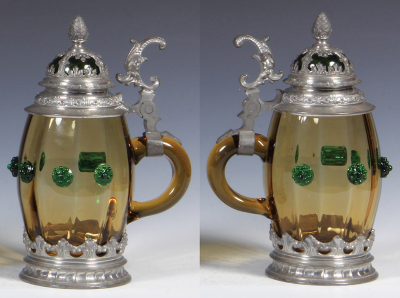 Glass stein, .5L, blown, amber, green prunts, pewter lid, matching glass inlaid lid, pewter base, mint. - 2