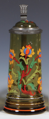 Glass stein, 1.0L, blown, amber, hand-painted, flowers, glass inlaid lid, mint.