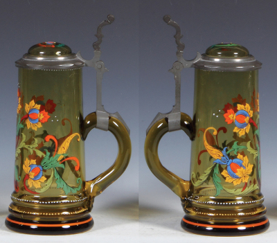 Glass stein, 1.0L, blown, amber, hand-painted, flowers, glass inlaid lid, mint. - 2