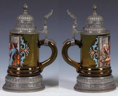 Glass stein, .5L, blown, amber, scene attributed to Ed. v. Grützner, monks, pewter lid & base ring, good thumblift repair, otherwise mint. - 2