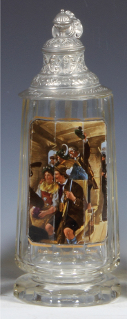 Glass stein, .5L, blown, clear, fluted, enameled, Defregger scene within train car, pewter lid, minor wear.