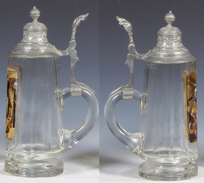 Glass stein, .5L, blown, clear, fluted, enameled, Defregger scene within train car, pewter lid, minor wear. - 2