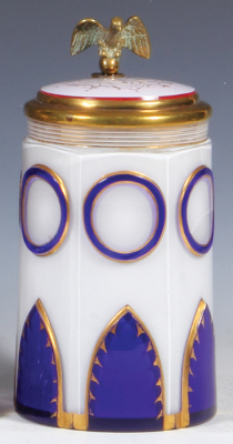 Glass stein, .5L, blown, overlay, blue on clear on white, cut, gilded, white on ruby glass inlaid lid, brass mounts, slight gold wear, small factory color flaw on underside, mint.