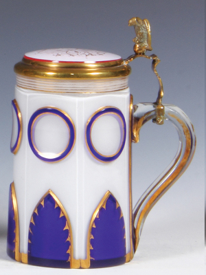 Glass stein, .5L, blown, overlay, blue on clear on white, cut, gilded, white on ruby glass inlaid lid, brass mounts, slight gold wear, small factory color flaw on underside, mint. - 2