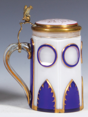 Glass stein, .5L, blown, overlay, blue on clear on white, cut, gilded, white on ruby glass inlaid lid, brass mounts, slight gold wear, small factory color flaw on underside, mint. - 3