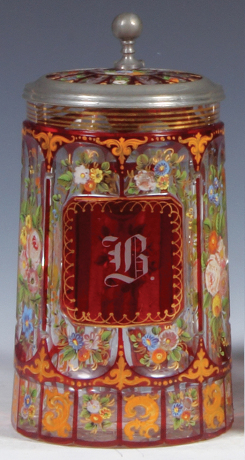 Glass stein, 1.0L, blown, c.1850, clear, ruby flashed, cut panels, hand-painted flowers, gilded, matching glass inlaid lid, mint.