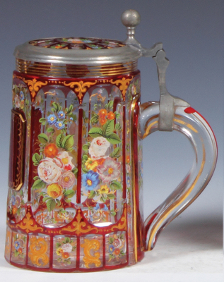 Glass stein, 1.0L, blown, c.1850, clear, ruby flashed, cut panels, hand-painted flowers, gilded, matching glass inlaid lid, mint. - 2