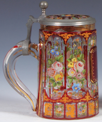 Glass stein, 1.0L, blown, c.1850, clear, ruby flashed, cut panels, hand-painted flowers, gilded, matching glass inlaid lid, mint. - 3