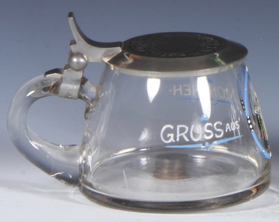 Glass stein, .5L, blown, transfer & hand-painted, Gruss aus München, 1908 Art Exhibit, München, pewter lid, mint. - 3