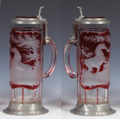 Glass stein, 1.0L, blown, clear, red stained, cut, wheel-engraved, horses, matching glass inlaid lid, old pewter base ring added, excellent pewter repair. - 2