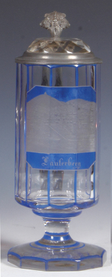 Glass stein, .5L, blown, clear, faceted, blue staining, engraved Lauterberg, matching glass inlaid lid, mint.