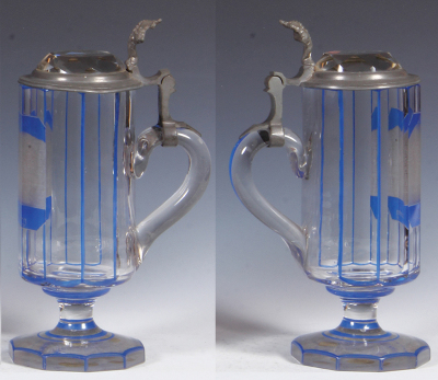 Glass stein, .5L, blown, clear, faceted, blue staining, engraved Lauterberg, matching glass inlaid lid, mint. - 2