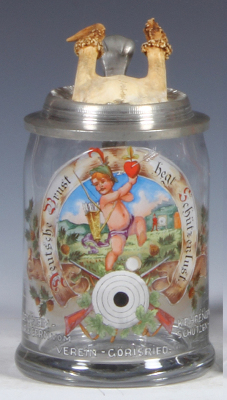 Glass stein, .5L, blown, transfer & hand-painted, Deutsche Brust hebt, Schützenlust, Den heimkehrenden Krieger von Schützen - Verein Görisried, pewter lid with antlers, very small top rim flake.