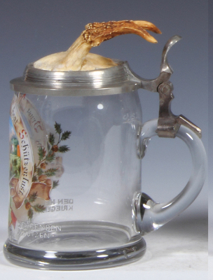 Glass stein, .5L, blown, transfer & hand-painted, Deutsche Brust hebt, Schützenlust, Den heimkehrenden Krieger von Schützen - Verein Görisried, pewter lid with antlers, very small top rim flake. - 2