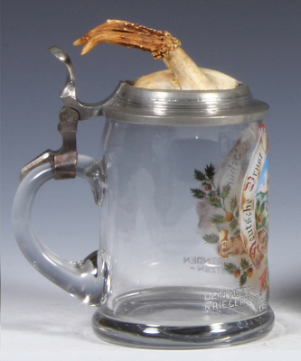 Glass stein, .5L, blown, transfer & hand-painted, Deutsche Brust hebt, Schützenlust, Den heimkehrenden Krieger von Schützen - Verein Görisried, pewter lid with antlers, very small top rim flake. - 3