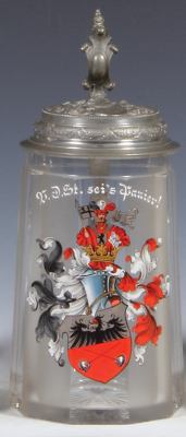 Glass stein, .5L, blown, clear, faceted, hand-painted, student society, V.D. St. sei's Panier!, inscription dated 1907-08, pewter lid, mint.