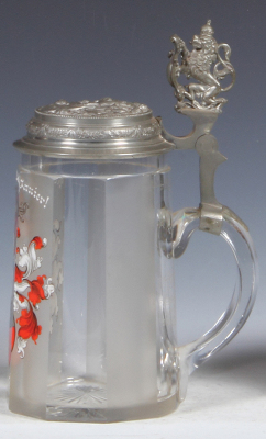 Glass stein, .5L, blown, clear, faceted, hand-painted, student society, V.D. St. sei's Panier!, inscription dated 1907-08, pewter lid, mint. - 2