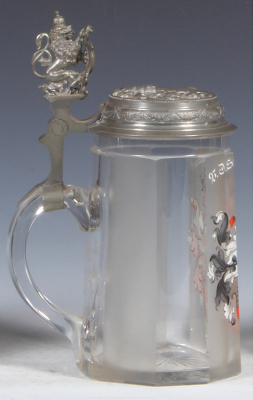 Glass stein, .5L, blown, clear, faceted, hand-painted, student society, V.D. St. sei's Panier!, inscription dated 1907-08, pewter lid, mint. - 3