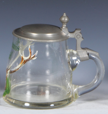 Glass stein, .5L, blown, enameled, Waidmanns Heil!, pewter lid, slight wear. - 2