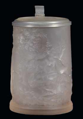 Glass stein, 1.0L, 7.3" ht., base diameter 4.5", blown, clear, very thick walled glass, deep engraving, stag & dear in forest, matching glass inlaid lid, incredible engraving, this quality is very rare, mint.