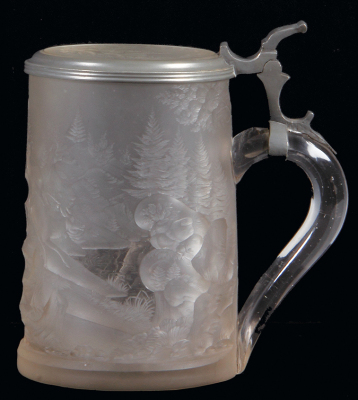 Glass stein, 1.0L, 7.3" ht., base diameter 4.5", blown, clear, very thick walled glass, deep engraving, stag & dear in forest, matching glass inlaid lid, incredible engraving, this quality is very rare, mint. - 2