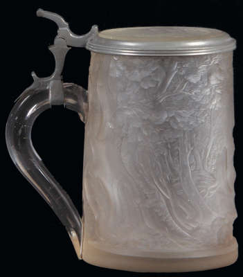 Glass stein, 1.0L, 7.3" ht., base diameter 4.5", blown, clear, very thick walled glass, deep engraving, stag & dear in forest, matching glass inlaid lid, incredible engraving, this quality is very rare, mint. - 3