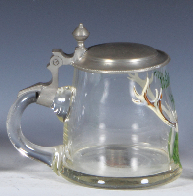 Glass stein, .5L, blown, enameled, Waidmanns Heil!, pewter lid, slight wear. - 3