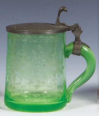 Glass stein, .5L, blown, green uranium glass, wheel-engraved floral decoration, mid 1800s, pewter lid with unusual swirling design, mint.  - 2
