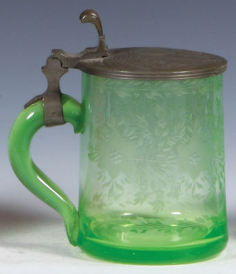 Glass stein, .5L, blown, green uranium glass, wheel-engraved floral decoration, mid 1800s, pewter lid with unusual swirling design, mint.  - 3