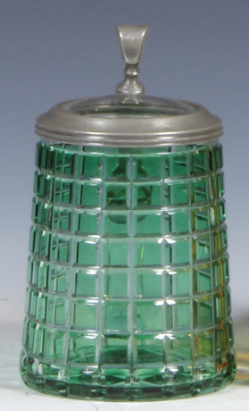 Glass stein, .3L, green on clear overlay, unusual color and design, clear glass inlaid lid, mint. 