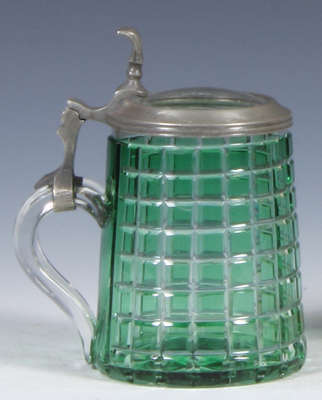 Glass stein, .3L, green on clear overlay, unusual color and design, clear glass inlaid lid, mint.  - 3