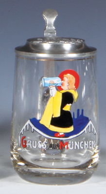 Glass stein, .25L, blown, hand-painted, heavy enamel, pewter lid with relief scene of Munich, mint.