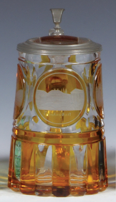 Glass stein, .3L, blown, clear, cut, yellow flashed, wheel-engraved, spa & church in Teplitz, matching glass inlaid lid, mint.
