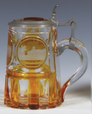 Glass stein, .3L, blown, clear, cut, yellow flashed, wheel-engraved, spa & church in Teplitz, matching glass inlaid lid, mint. - 2