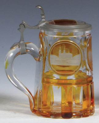 Glass stein, .3L, blown, clear, cut, yellow flashed, wheel-engraved, spa & church in Teplitz, matching glass inlaid lid, mint. - 3