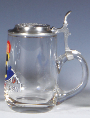 Glass stein, .25L, blown, hand-painted, heavy enamel, pewter lid with relief scene of Munich, mint. - 2