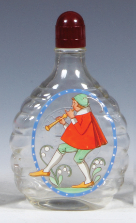 Glass flask, 6.0'' ht., .25L, mold blown, marked Hemmeter München, hand-painted, design by F. Ringer, cap is a replacement, flask is mint.