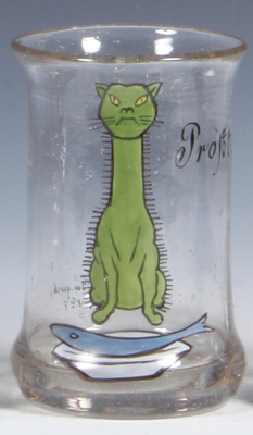 Glass beaker, 5.1" ht., blown, clear, design by Ludwig Hohlwein, cat, Prosit, mint.