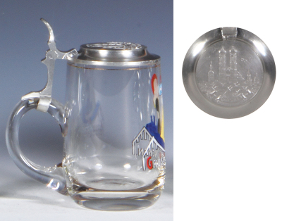 Glass stein, .25L, blown, hand-painted, heavy enamel, pewter lid with relief scene of Munich, mint. - 3